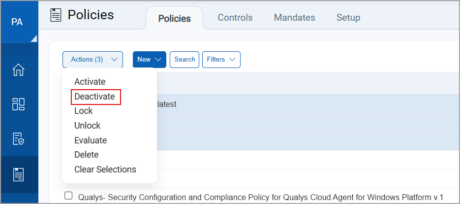 Deactivate option selected under the Actions Dropdown menu.